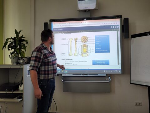 Ein Mann, der vor einem Whiteboard steht präsentiert den Aufbau von Knochen. Auf dem Whiteboard befindet sich eine schematische Darstellung eines Röhrenknochens, die die verschiedenen Bereiche erklärt. Der Vortragende deutet mit der Hand auf die Abbildung, während er spricht. Im Hintergrund stehen ein Lautsprecher und Pflanzen, die den Raum dekorieren. Es herrscht eine konzentrierte Lernatmosphäre, typisch für eine Schulungs- oder Unterrichtssituation.