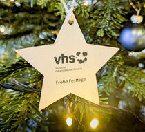 Hölzerner Sternanhänger mit DVV-Logo an einem Weihnachtsbaum mit Lichterkette und blauen Kugeln