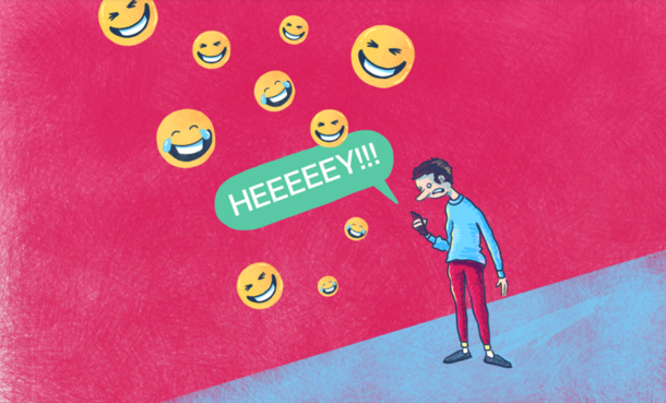 Ausschnitt aus der Comic-Story zum Konzept „Vorsicht, bissig!", auf dem man viele lachende Emojis und einen Jungen sieht, der auf sein Handy guckt und „Heeeeey!” ruft.