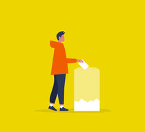 Transparent voting, conceptual illustration. Young male character participating in elections / flat editable vector illustration, clip art