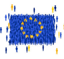 Vector European Union state flag formed by crowd of cartoon people