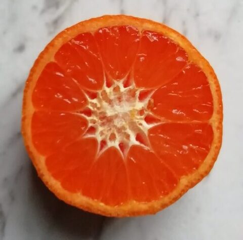 Foto einer quer aufgeschnittenen Mandarine, die helle Mitte sieht aus wie Stern.