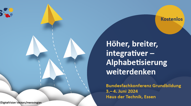 Bundesfachkonferenz Grundbildung: ein gelber und drei weiße Papierflieger