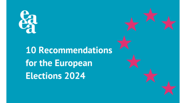 Blaues Banner mit einem roten Herz aus Sternen. Auf dem Banner steht "10 Recommendations für European Elections 2024"