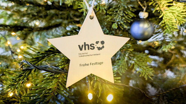 Ein Holzstern mit dem Logo des Deutschen Volkshochschul-Verbandes und der Aufschrift "Frohe Festtage" hängt in einem beleuchteten Weihnachtsbaum.