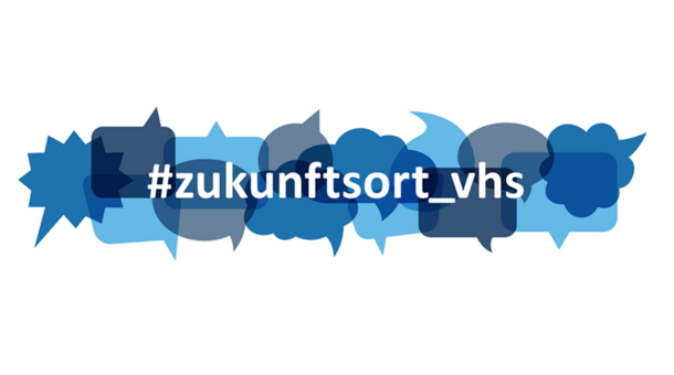 Banner: Sprechblasen in vielen verschiedenen Blautönen. Darüber in weiß der Schriftzug "#zukunftsort_vhs"