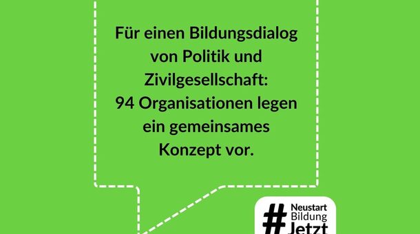 Weiße Sprechblase auf hellgrünem Hintergrund. In der Sprechblase steht der Text: "Für einen Bildungsdialog von Politik und Zivilgesellschaft: 94 Zivilorganisationen legen ein gemeinsames Konzept vor"