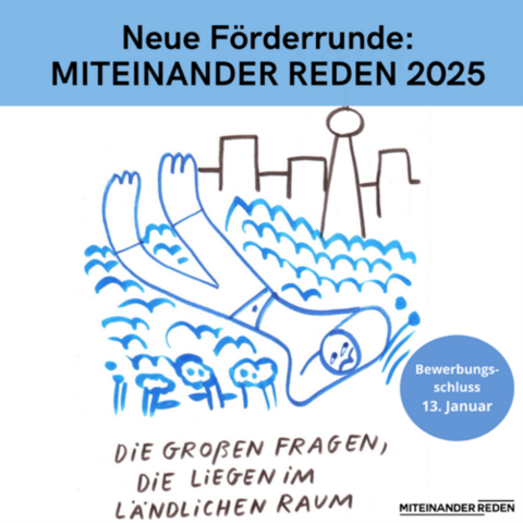 Kachel des Programms MITEINANDER REDEN: Im Zentrum eine gezeichnete Figur in blau, die zwischen floralen Strukturen liegt und grimmig auf eine angedeutete Stadtsilhouette in schwarz schaut. Darunter der Schriftzug "Die großen Fragen, die liegen im ländlichen Raum".