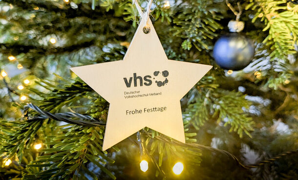 Ein Holzstern mit dem Logo des Deutschen Volkshochschul-Verbandes und der Aufschrift "Frohe Festtage" hängt in einem beleuchteten Weihnachtsbaum.