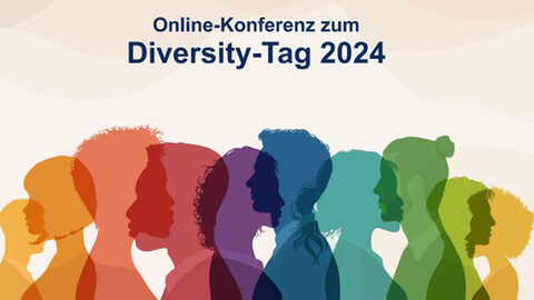 Silhouette von Gesichtern in unterschiedlichen Farben übereinandergelegt. Darüber die Worte: Online-Konferenz zum Diversity-Tag 2024, 28.05.2024, 9:30 - 13:15 Uhr