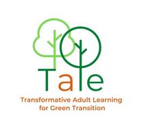 Projektlogo: Tale - Transformative Adult Learning for Green Transition”. Grüne und orangene Schrift auf weißen Grund.