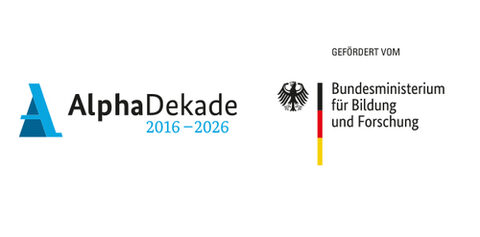 Logos der AlphaDekade 2016-2026 und des Bundesministeriums für Bildung und Forschung