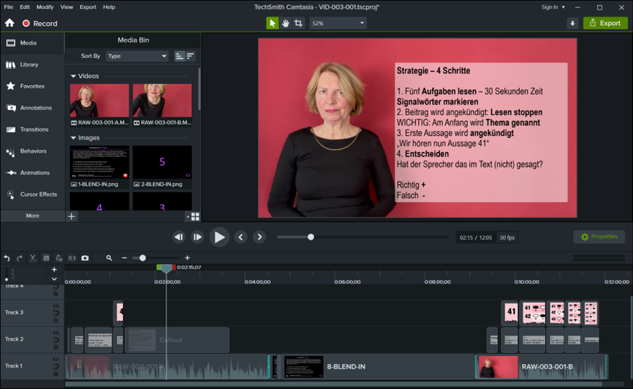 Screenshot der Videosoftware Camtasia